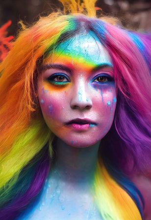 Fantasy rainbow fictional beauty, fashionable woman with rainbow hair and rainbow face. Creative beautiful green girl. 3D renderの素材