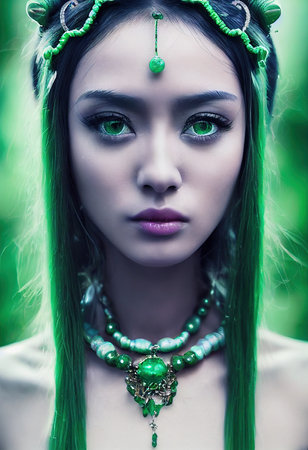 Fantasy green fictional beauty, fashionable woman with green hair and green eyes. Creative beautiful green girl. 3D renderの素材