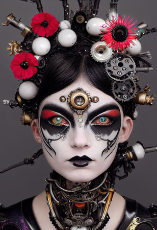 Portrait of a Victorian steampunk female robot. Artistic abstract steampunk fantasy. Vintage robot with flowers. 3d rendering,の素材