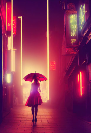 A bright neon high-tech city of the future. A woman walks down the street of a futuristic night city in bright red lights. The concept of a future megalopolis, innovation and technology. 3D renderの素材