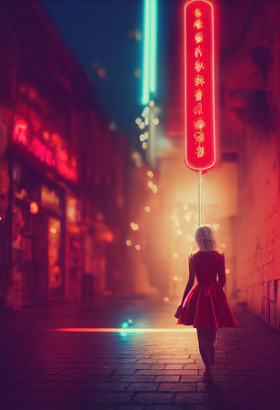 A bright neon high-tech city of the future. A woman walks down the street of a futuristic night city in bright red lights. The concept of a future megalopolis, innovation and technology. 3D renderの素材