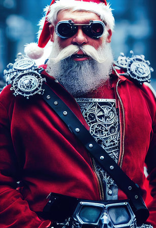 Apocalyptic Santa Claus with gray hair and a long beard in a suit against the background of the apocalypse. New Years Eve concept during the apocalypse. 3D renderingの素材