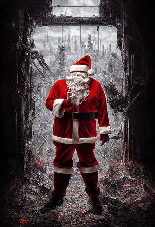 Apocalyptic Santa Claus with gray hair and a long beard in a suit against the background of the apocalypse. New Years Eve concept during the apocalypse. 3D renderingの素材