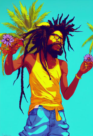 Abstract drawn Rastaman with dreadlocks. Rastaman hipster concept.の素材