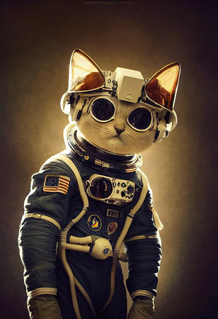 Realistic portrait of an cat-astronaut in a space suit. High-tech futuristic astronaut. Concept of astronautics and space exploration. 3D rendering. 3D render.の素材