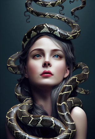 Mystical beautiful fictional woman with snakes. Snakes coiled around the woman. 3D renderの素材