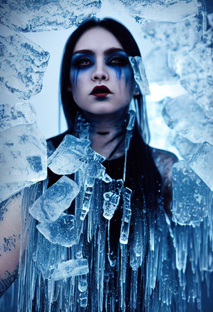 Mystical beautiful fictional Gothic woman in icy water. Pieces of ice around the woman. 3D renderingの素材