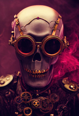 Steampunk horror scene with a old scientist. Artistic abstract steampunk fantasy. Dark steampunk concept. 3D renderingの素材