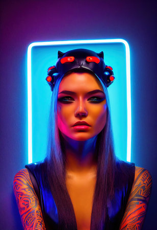 Stylish unusual fashionable fictional woman with amazing tattoos on her body and face. The concept of beautiful tattoos. 3D renderの素材