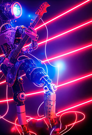 Abstract portrait of a cyberpunk robot musician. A robot playing the guitar. The concept of cyberpunk music. 3D renderの素材