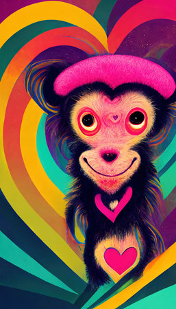 Abstract surrealistic animal in love. Lots of colorful flowers, pink hearts, rainbows and multicolored smoke. Colorful wonderful dream abstraction.の素材