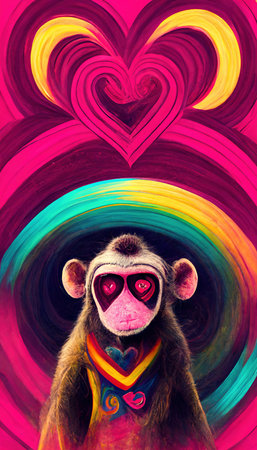 Abstract surrealistic animal in love. Lots of colorful flowers, pink hearts, rainbows and multicolored smoke. Colorful wonderful dream abstraction.の素材