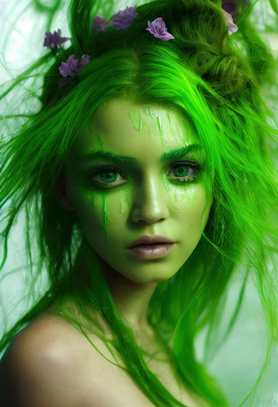 Fantasy green fictional beauty, fashionable woman with green hair and green eyes. Creative beautiful green girl. 3D renderの素材