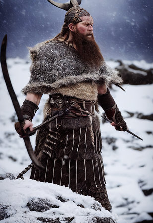 Portrait of an ancient Viking warrior with a beard and in Viking winter clothing. Concept of an ancient brave warrior. 3D render.の素材