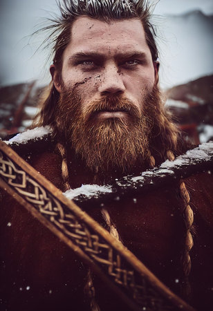 Portrait of an ancient Viking warrior with a beard and in Viking winter clothing. Concept of an ancient brave warrior. 3D render.の素材