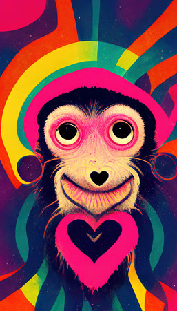 Abstract surrealistic animal in love. Lots of colorful flowers, pink hearts, rainbows and multicolored smoke. Colorful wonderful dream abstraction.の素材