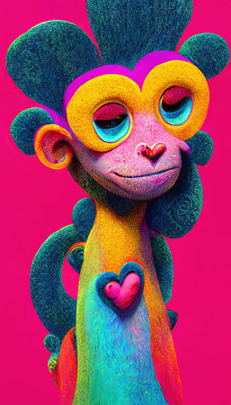 Abstract surrealistic animal in love. Lots of colorful flowers, pink hearts, rainbows and multicolored smoke. Colorful wonderful dream abstraction.の素材