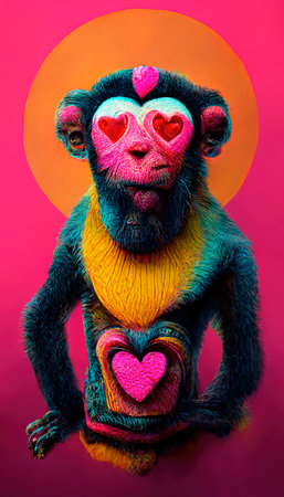 Abstract surrealistic animal in love. Lots of colorful flowers, pink hearts, rainbows and multicolored smoke. Colorful wonderful dream abstraction.の素材