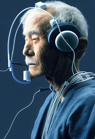 Realistic portrait of a grandfather in a futuristic cyberpunk style with a cyber headset. A high-tech man from the future. The concept of virtual reality and cyberpunk. 3D renderの素材
