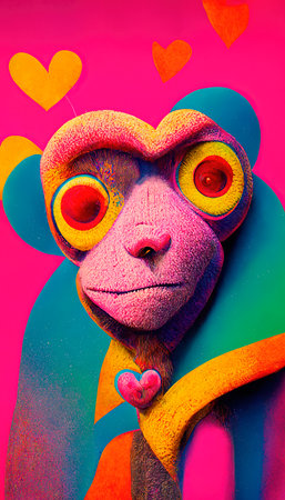 Abstract surrealistic animal in love. Lots of colorful flowers, pink hearts, rainbows and multicolored smoke. Colorful wonderful dream abstraction.の素材