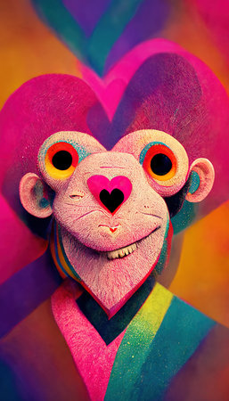 Abstract surrealistic animal in love. Lots of colorful flowers, pink hearts, rainbows and multicolored smoke. Colorful wonderful dream abstraction.の素材