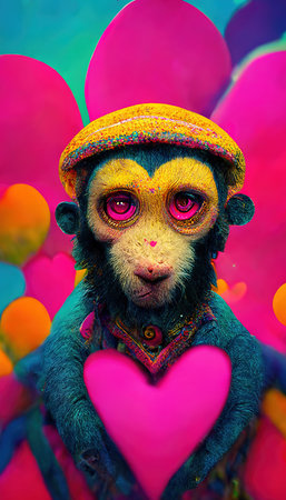 Abstract surrealistic animal in love. Lots of colorful flowers, pink hearts, rainbows and multicolored smoke. Colorful wonderful dream abstraction.の素材