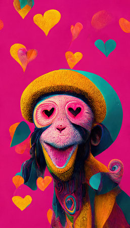 Abstract surrealistic animal in love. Lots of colorful flowers, pink hearts, rainbows and multicolored smoke. Colorful wonderful dream abstraction.の素材