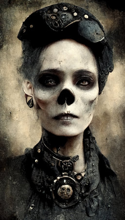 Vintage horror scene with a gothic fictional woman. Artistic abstract fantasy gothic. Nightmarish fictional woman from nightmarish dreams. Dark Gothic concept.の素材