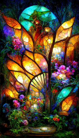 Colorful abstract bright fantasy flowers. Painted wonderful flowers and amazing nature. Stained glass stylization.の素材