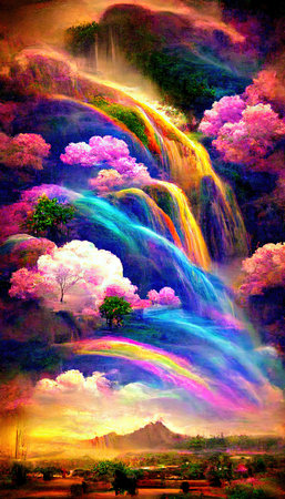 An abstract multicolored magical world. Lots of colored colors, multicolored clouds, rainbows, and multicolored smoke. Colorful surrealism of dreams. The concept of dreams and illusion.の素材