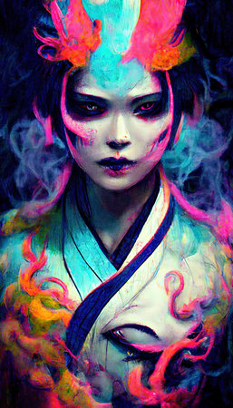 Portrait of a seductive geisha in an unusual neon style amidst clouds of smoke. Colorful and vivid image of a Japanese geisha. The concept of Japanese culture. Perfect for phone wallpaper and posters.の素材
