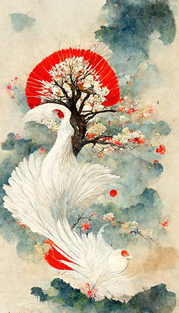 A beautiful bird on a sakura against the red sun. An abstract drawing. Perfect for phone wallpaper or for posters.の素材