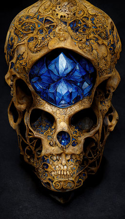 An ancient skull with a blue gemstone. Artistic abstract Gothic. Dark Gothic concept. Perfect for phone wallpaper or for posters. 3D Renderingの素材