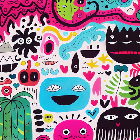 Abstract magical funny cartoon monsters. Lots of colored pnt, funny monsters and rnbow colors. Generative AI Art.の素材