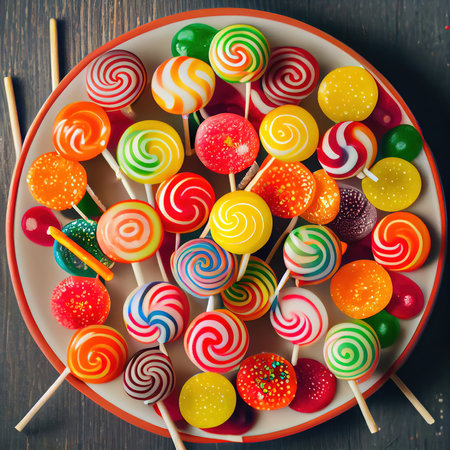 Colorful lollipops and candy. An assortment of delicious candies. Generative AI Art.の素材