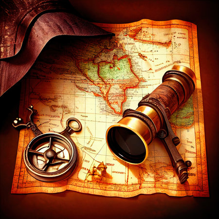 An ancient pirate map in the cabin of a pirate ship. Image of an ancient ancient pirate map.の素材