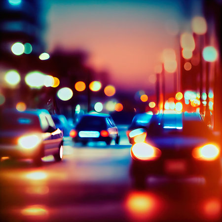 Blurred out-of-focus blurred car lights in motion. Abstract bokeh background of modern city lights. Generative AI Art.の素材