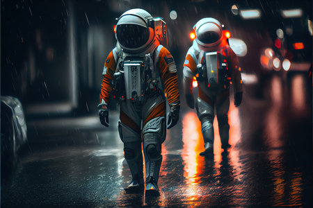 Portrait of an astronauts in a spacesuit. High-tech astronaut from the future. Generative AI Art.の素材