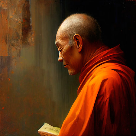 An old Buddhist monk dressed as a monk. Meditating Buddhist monk. Generative AI Art.の素材