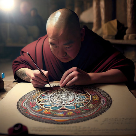 An old Buddhist monk dressed as a monk. Meditating Buddhist monk. Generative AI Art.の素材
