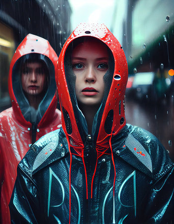 Portrait of a futuristic cyberpunk sci-fi girl. High-tech futuristic woman from the future. Generative AI Art.の素材