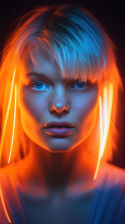 Portrait of a mystical fantasy bioluminescent neon woman. Glamorous fashionable lady. Generative AI Art.の素材
