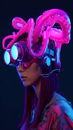 Portrait of a mystical fantasy bioluminescent neon woman. Glamorous fashionable lady. Generative AI Art.の素材