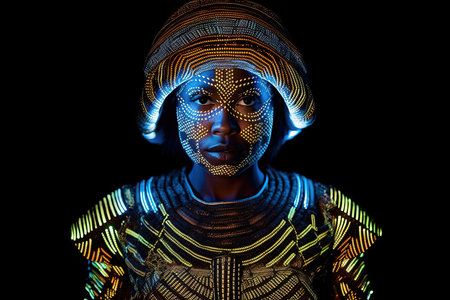 Portrait of a mystical fantasy bioluminescent neon woman. Glamorous fashionable lady. Generative AI Art.の素材