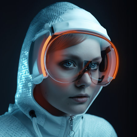 Portrait of a sci-fi cyberpunk girl. High-tech futuristic woman from the future. Generative AI Art.の素材