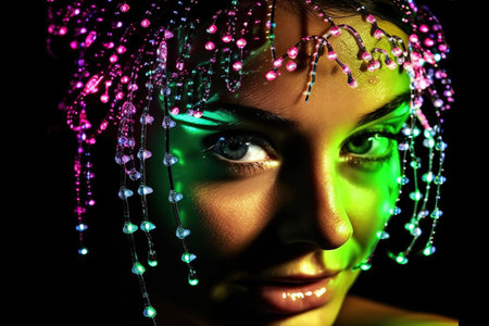 Portrait of a mystical fantasy bioluminescent neon woman. Glamorous fashionable lady. Generative AI Art.の素材