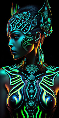 Portrait of a mystical fantasy bioluminescent neon woman. Glamorous fashionable lady. Generative AI Art.の素材