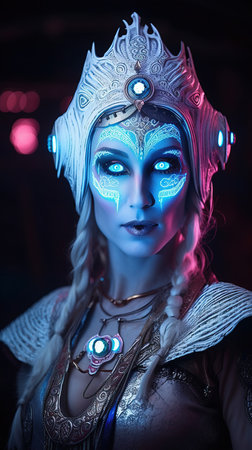 Portrait of a mystical fantasy bioluminescent neon woman. Glamorous fashionable lady. Generative AI Art.の素材