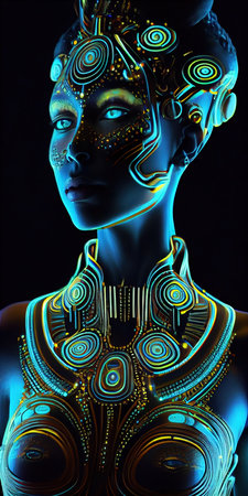 Portrait of a mystical fantasy bioluminescent neon woman. Glamorous fashionable lady. Generative AI Art.の素材