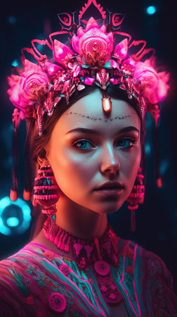 Portrait of a mystical fantasy bioluminescent neon woman. Glamorous fashionable lady. Generative AI Art.の素材